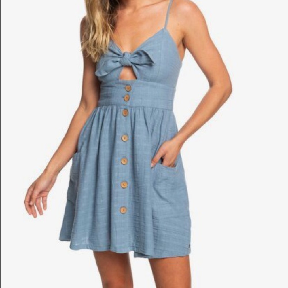 Roxy strappy buttoned woven dress in blue, size S